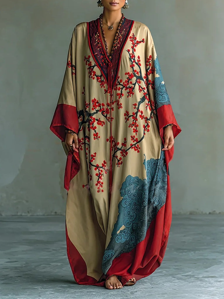 Sakura | Japanese Red Plum Blossom Print Batwing Sleeve Maxi Dress 1