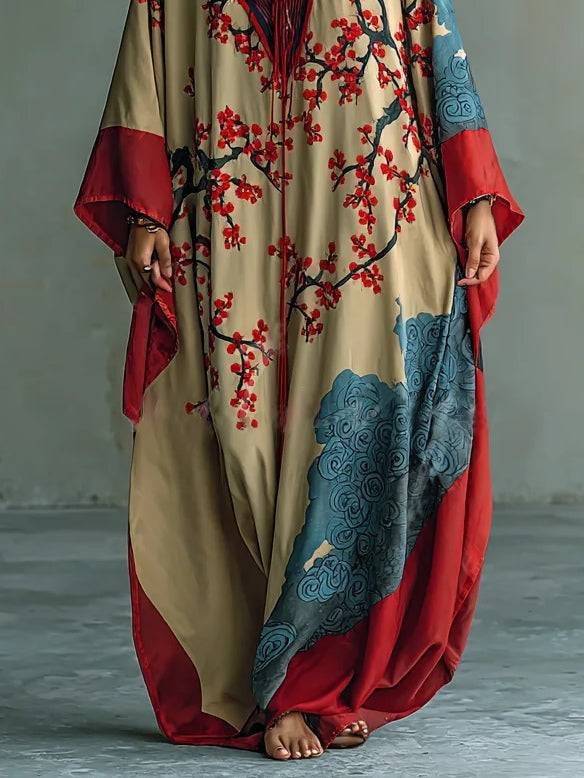 Sakura | Japanese Red Plum Blossom Print Batwing Sleeve Maxi Dress 3