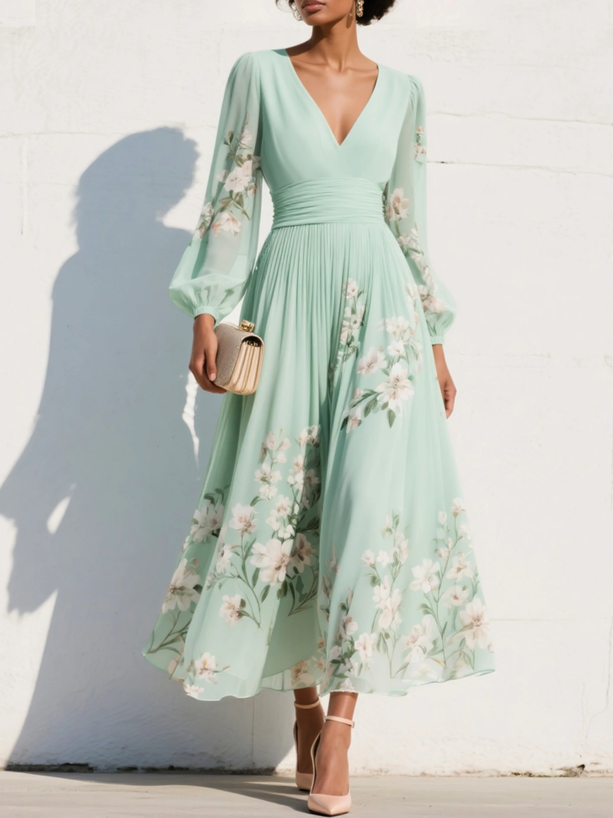 Nicola | V-Neck Chiffon Floral Midi Dress 1