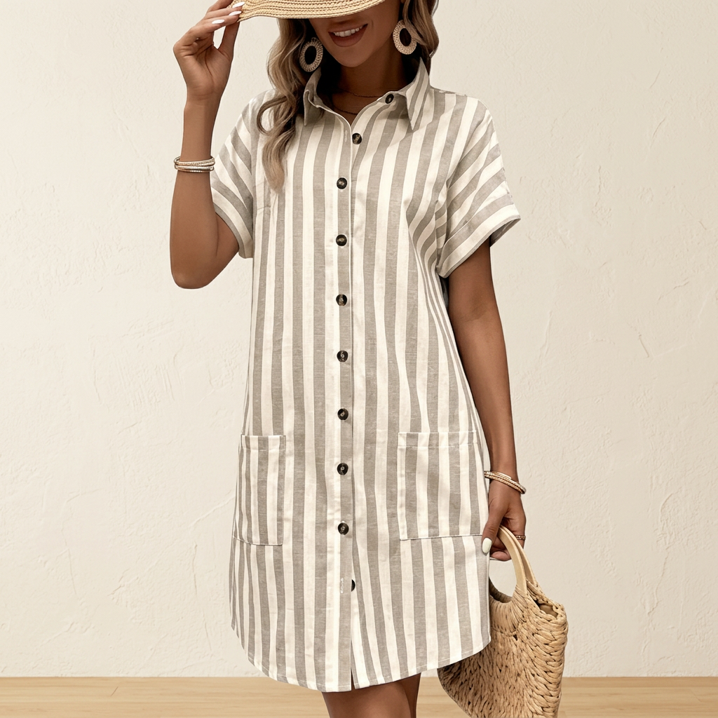 Yara | Retro Belted Striped Short Sleeve Dress 2
