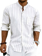 Men's Striped Button-Up Shirt Stand Collar Long Sleeve 6