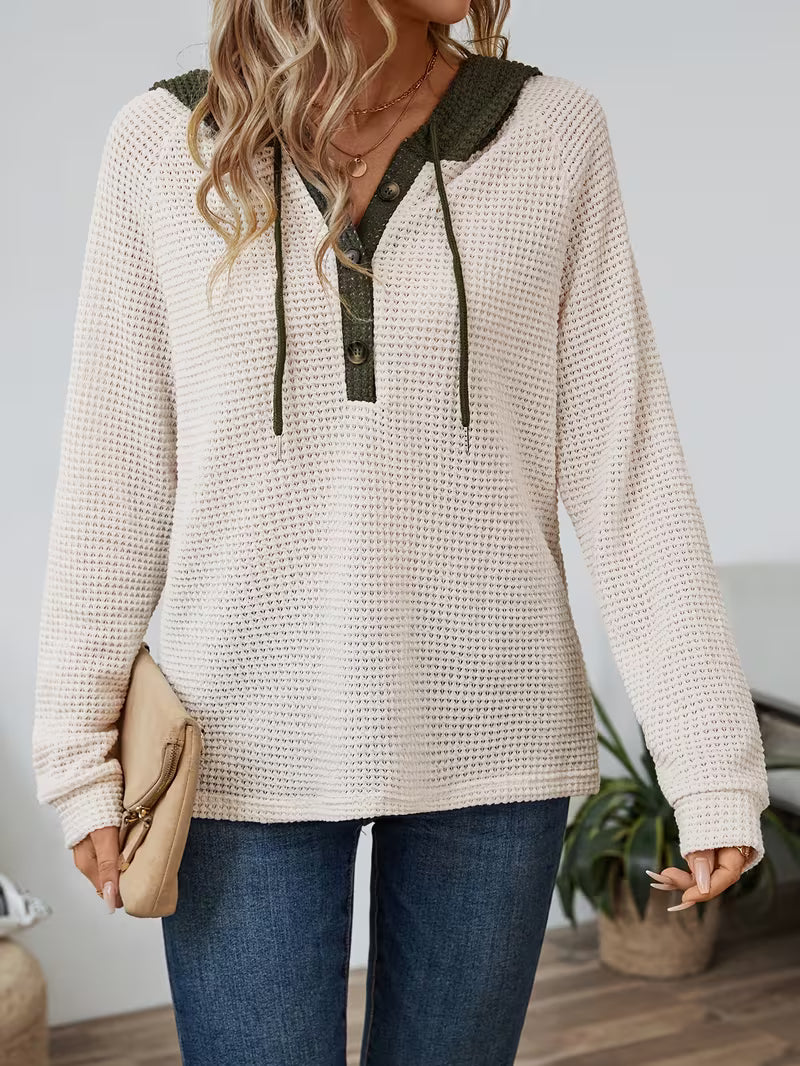 Hanna| Casual Button Waffle Knit Hoodie 1
