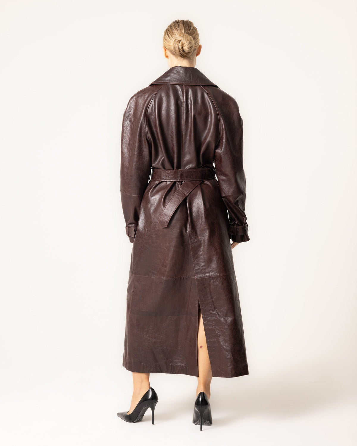 Women's Leather Trench Coat with Belt and Buckle Details 1