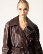 Women's Leather Trench Coat with Belt and Buckle Details 3