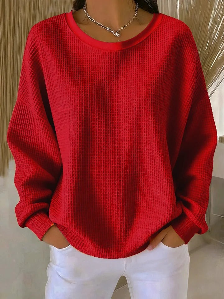 Women's Crew-Neck Waffle-Knit Top with Long Sleeves 2