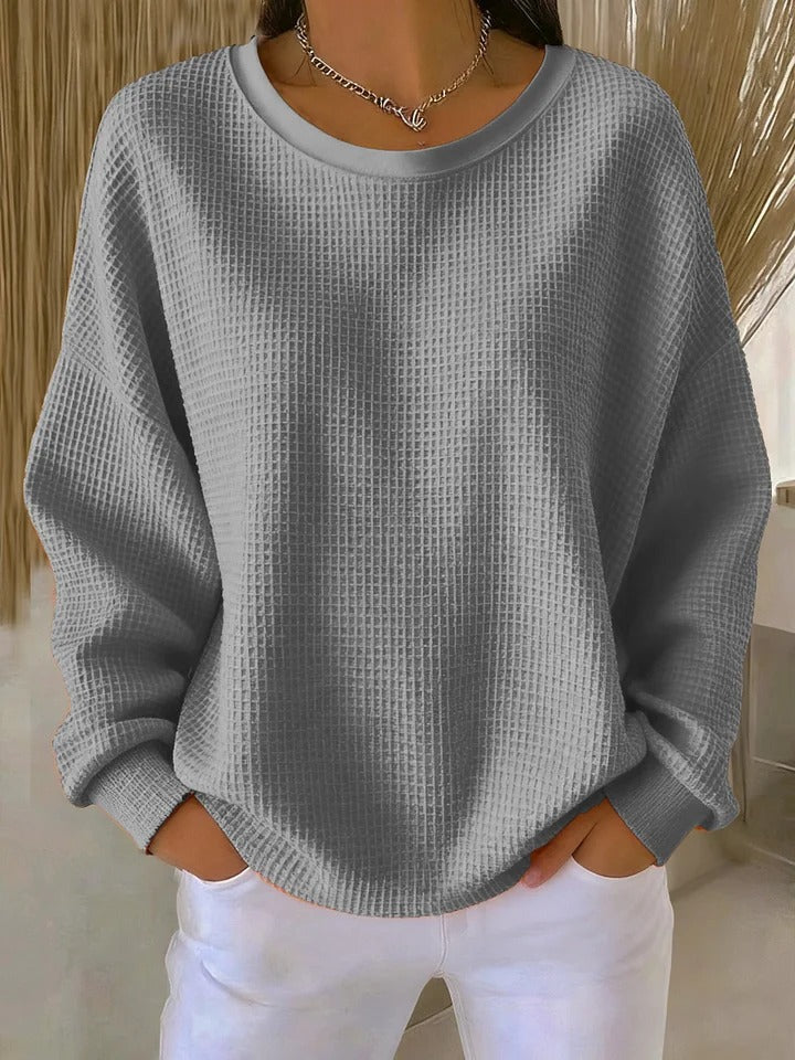 Women's Crew-Neck Waffle-Knit Top with Long Sleeves 3