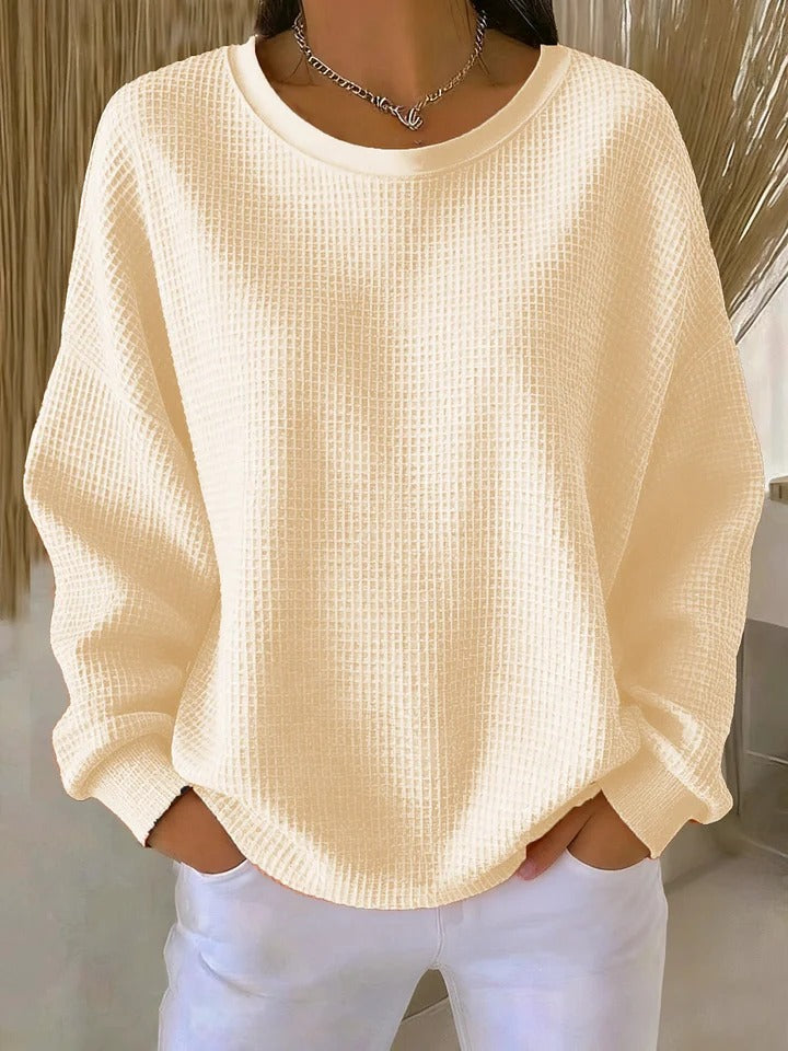 Women's Crew-Neck Waffle-Knit Top with Long Sleeves 4