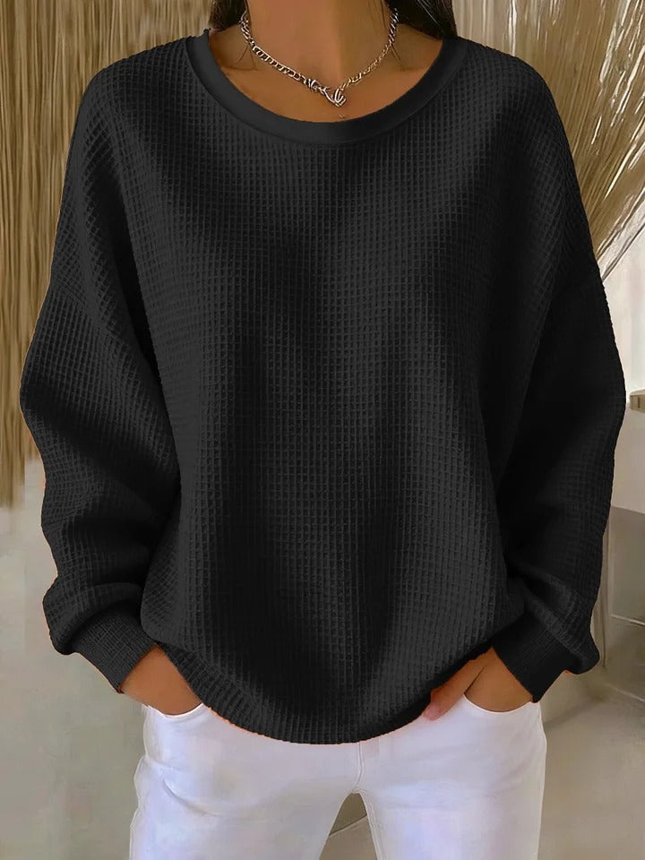 Women's Crew-Neck Waffle-Knit Top with Long Sleeves 7