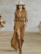 Crissanta | Long Belted Dress With Pleated Lapels 4