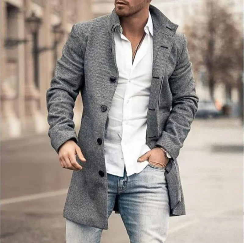 Men's Ribbed Long Coat with Button Closure and Collar 1