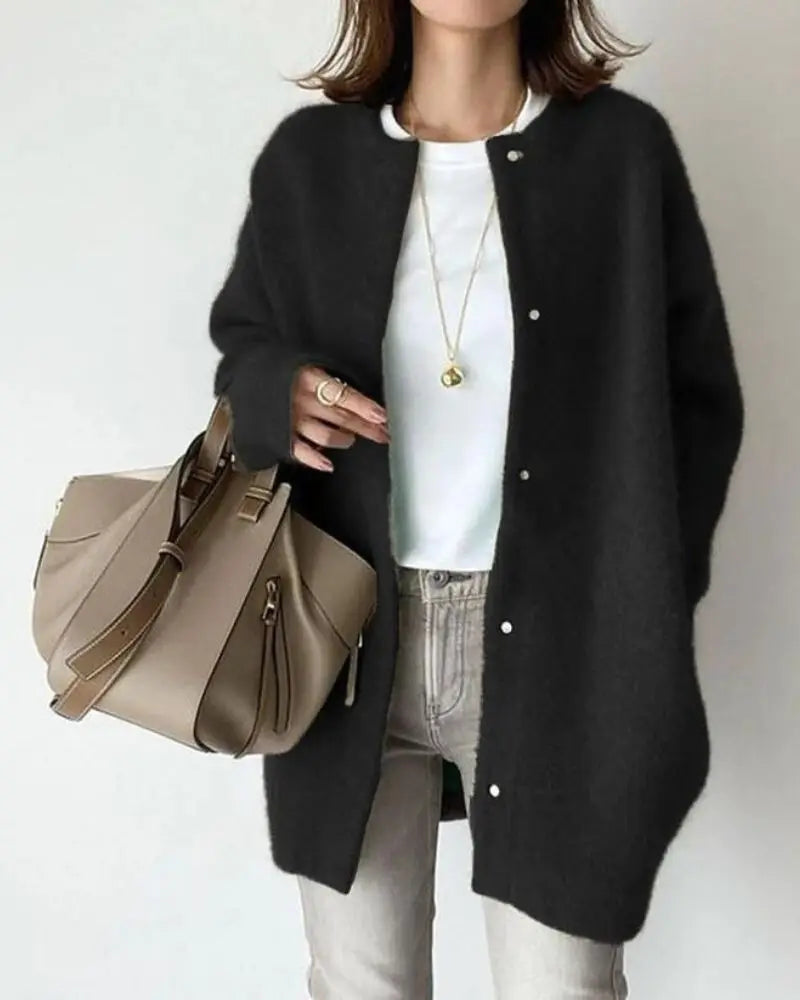 Women's Snap-Front Long Cardigan with Round Neck 6