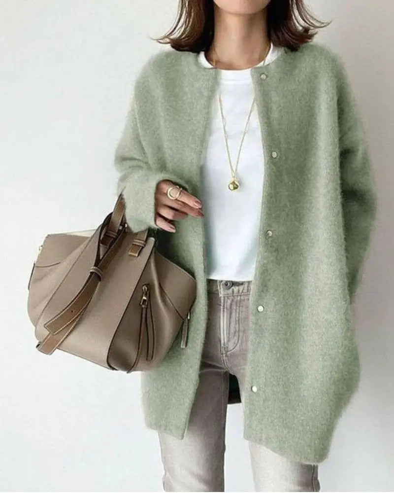 Women's Snap-Front Long Cardigan with Round Neck 2