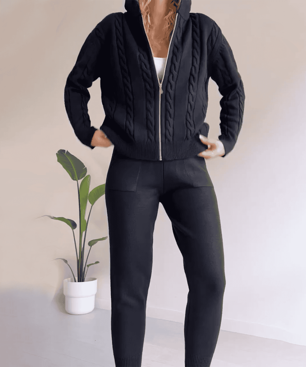 Women's Hooded Cable-Knit Zip Cardigan and Jogger Set 2