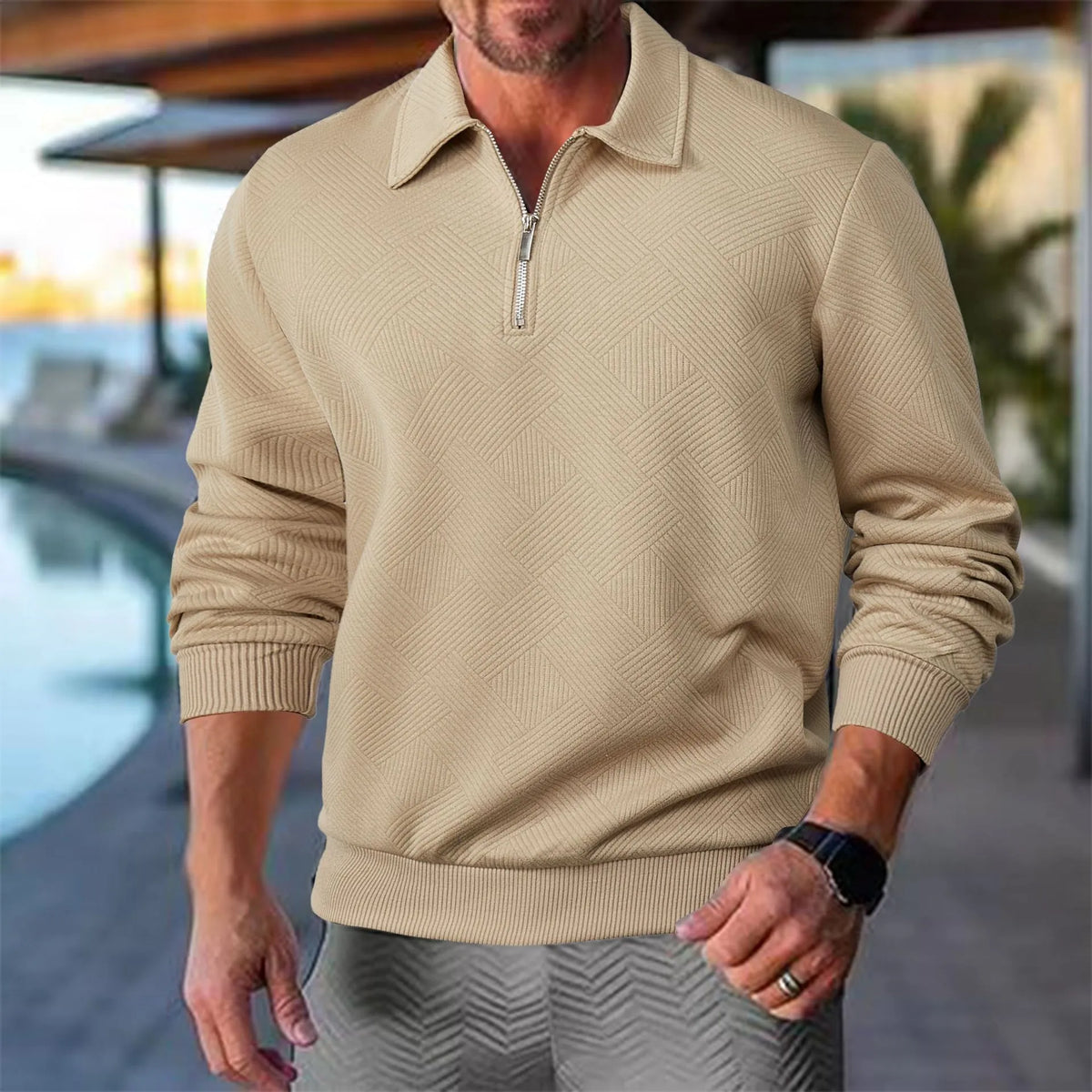 Men's Half-Zip Collared Sweatshirt with Textured Knit 8