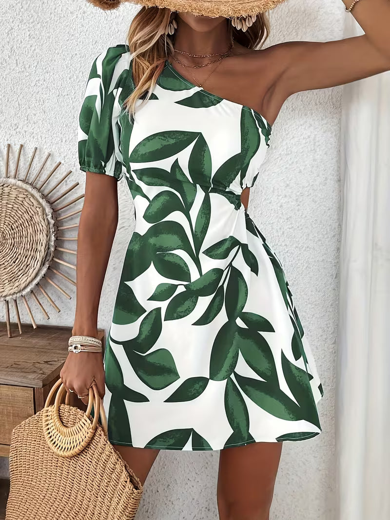 Celia | One-Shoulder Leaf Print Mini Dress 3