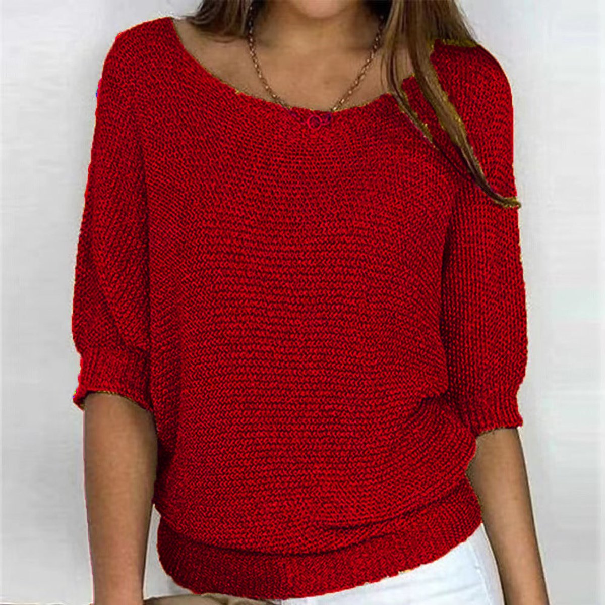 Women's Chunky Knit Half-Sleeve Pullover Round Neck 2