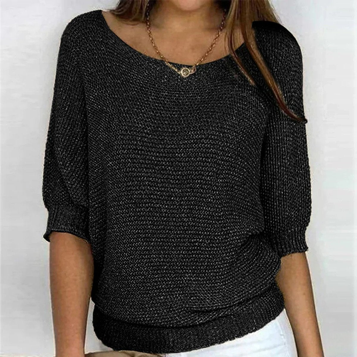 Women's Chunky Knit Half-Sleeve Pullover Round Neck 3