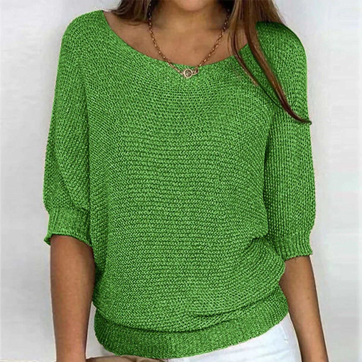 Women's Chunky Knit Half-Sleeve Pullover Round Neck 6