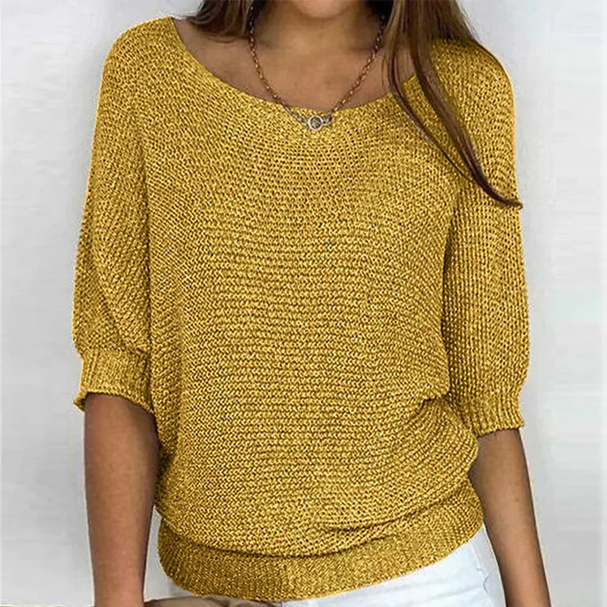 Women's Chunky Knit Half-Sleeve Pullover Round Neck 5