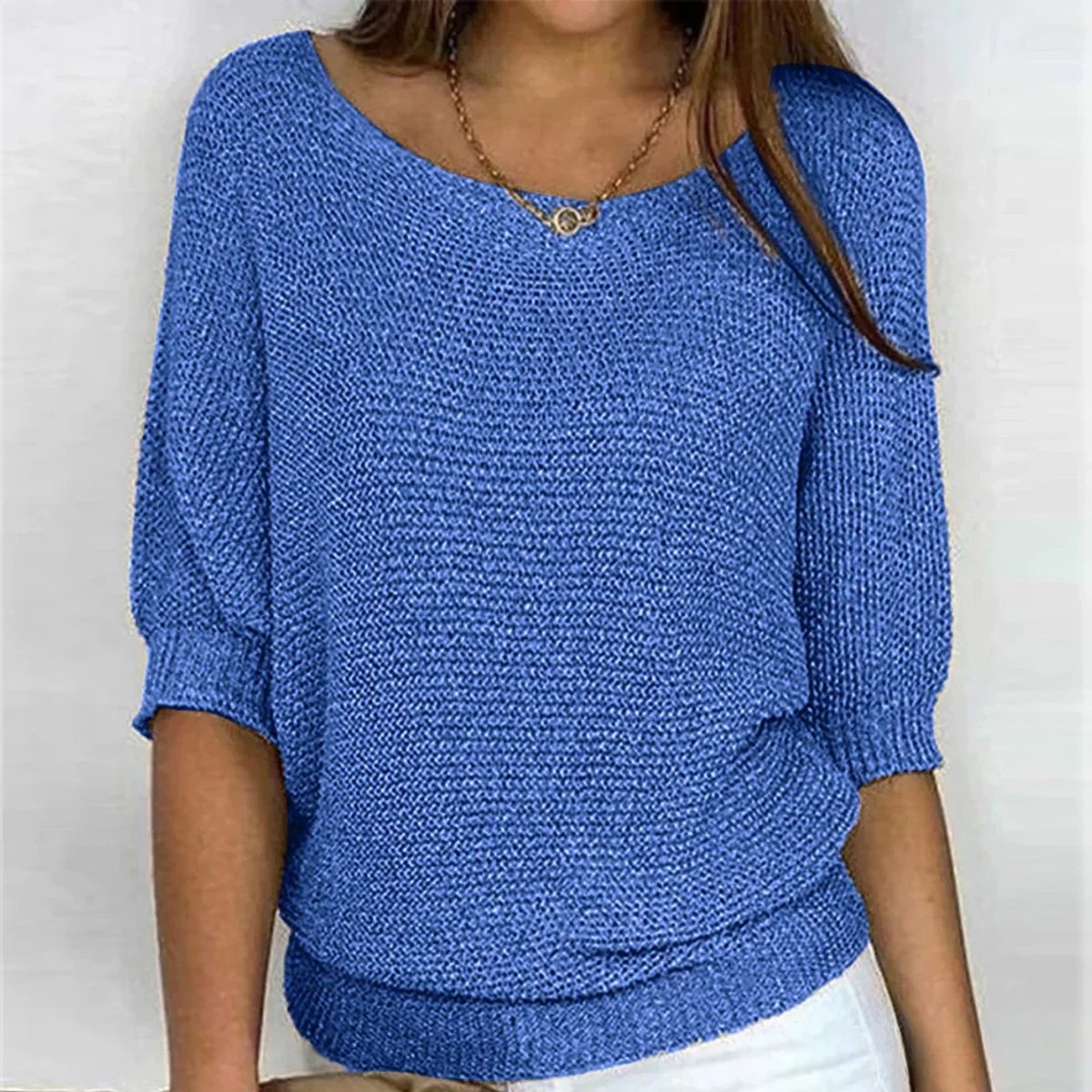 Women's Chunky Knit Half-Sleeve Pullover Round Neck 4