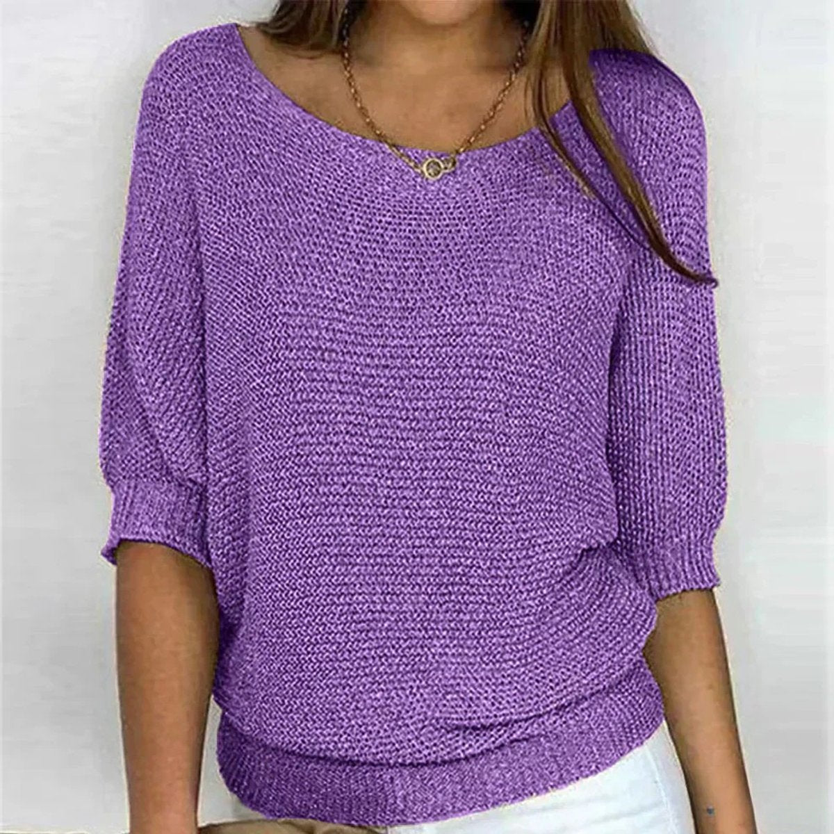 Women's Chunky Knit Half-Sleeve Pullover Round Neck 8