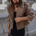 Women's Cropped Wrap Collar Jacket with Button Detail 16