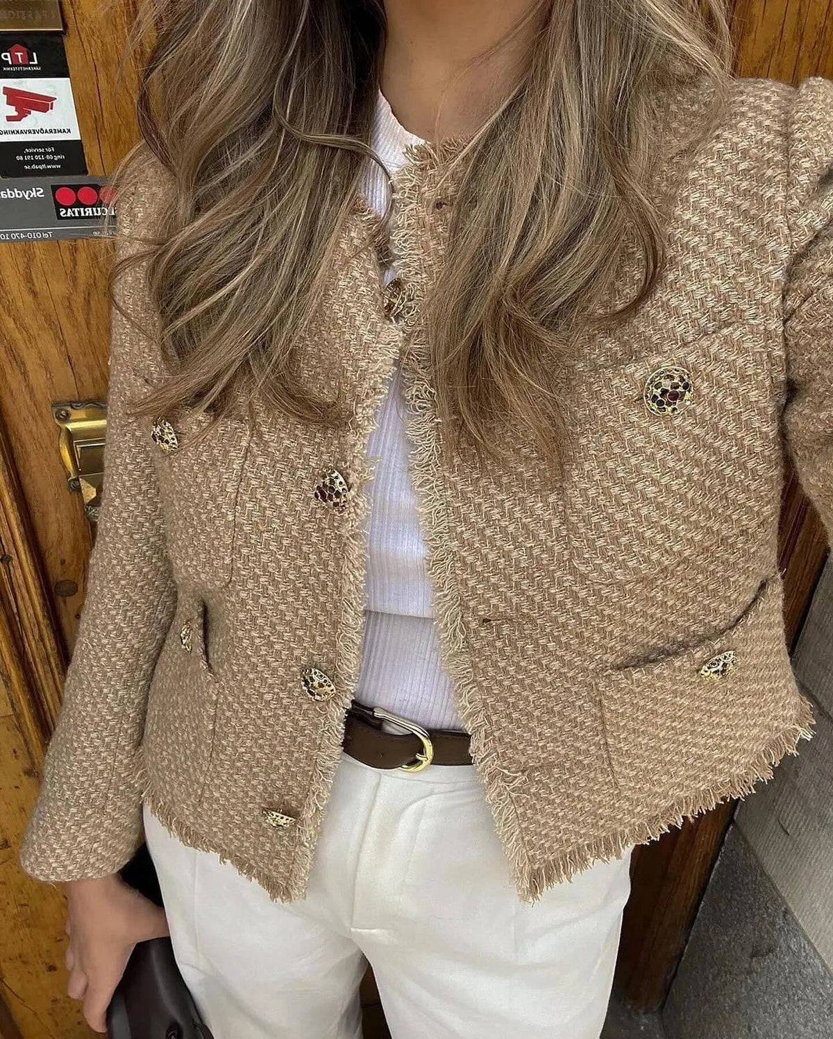 Women's Textured Blazer Gold Button Front with Patch Pockets 7