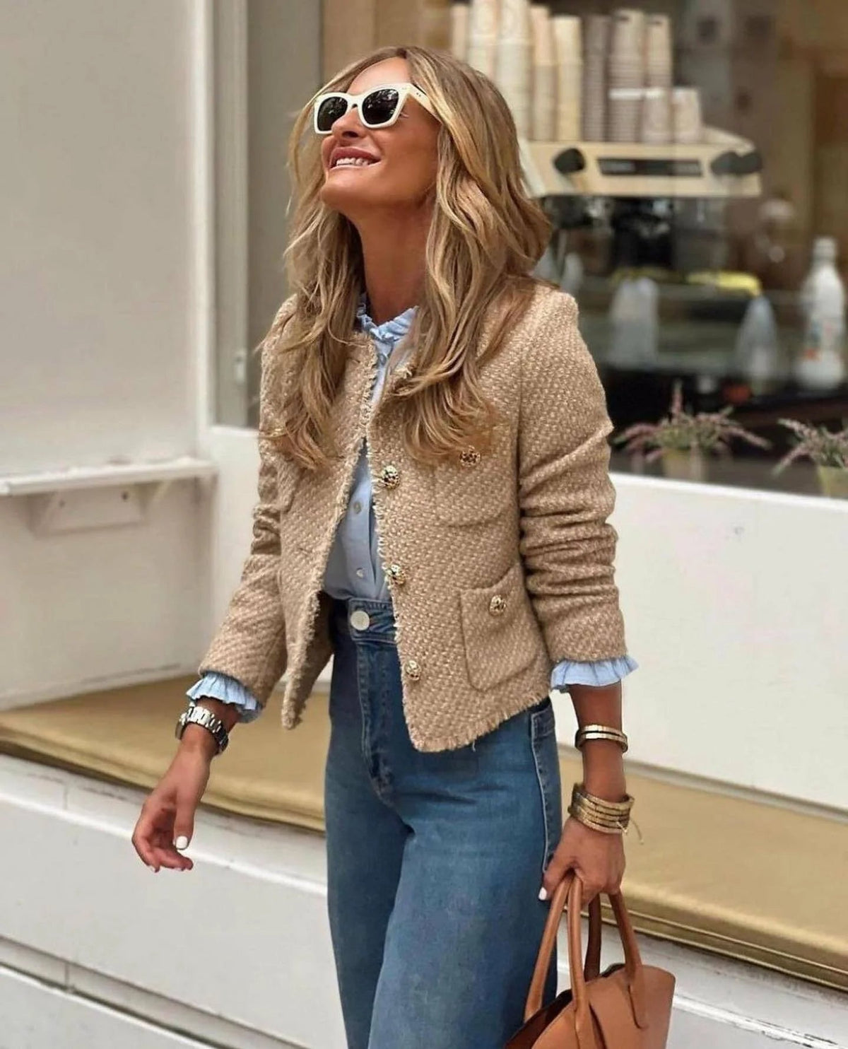 Women's Textured Blazer Gold Button Front with Patch Pockets 4