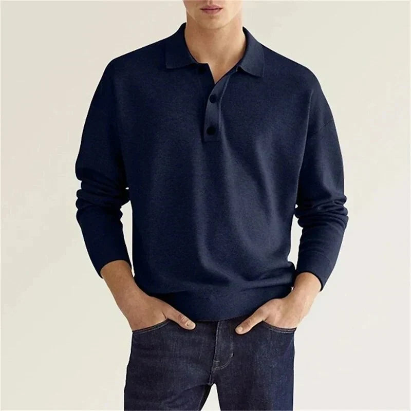 Men's Long Sleeve Polo Shirt with Button Placket 7