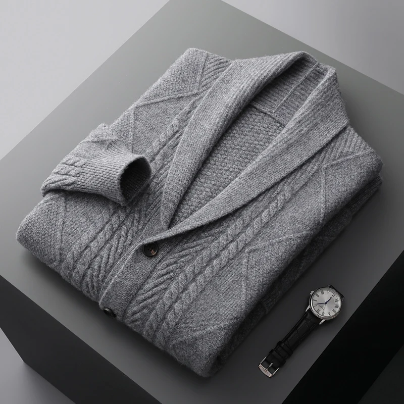Men's Cable Knit Cardigan with Shawl Collar and Buttons 3