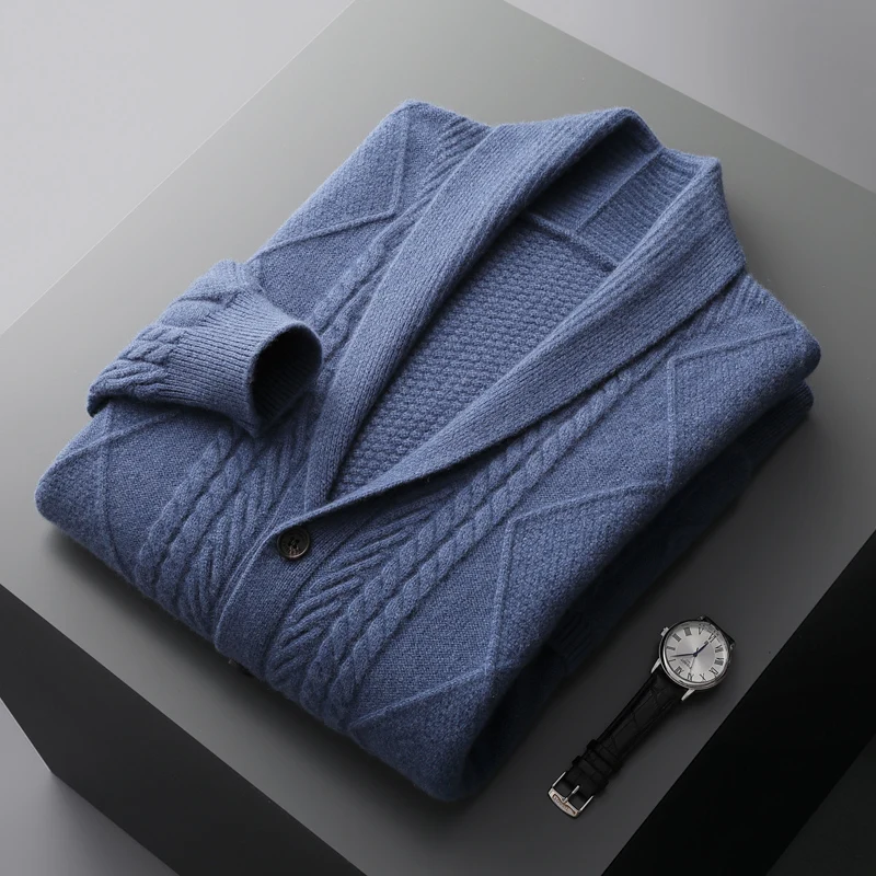 Men's Cable Knit Cardigan with Shawl Collar and Buttons 1