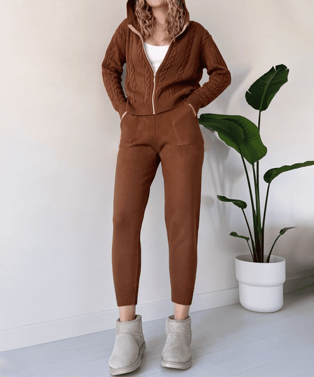 Women's Hooded Cable-Knit Zip Cardigan and Jogger Set 3