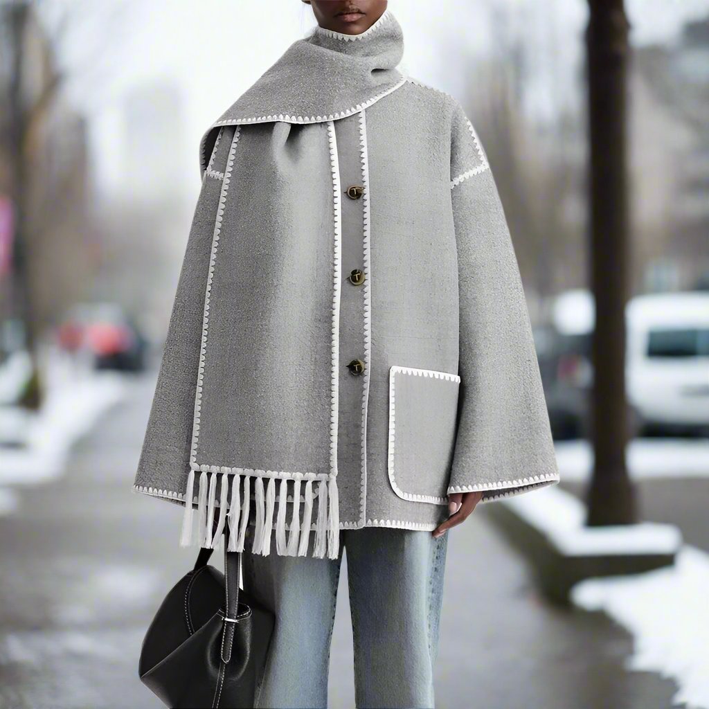 Women's Shawl Collar Coat with Button Front and Fringe Trim 6