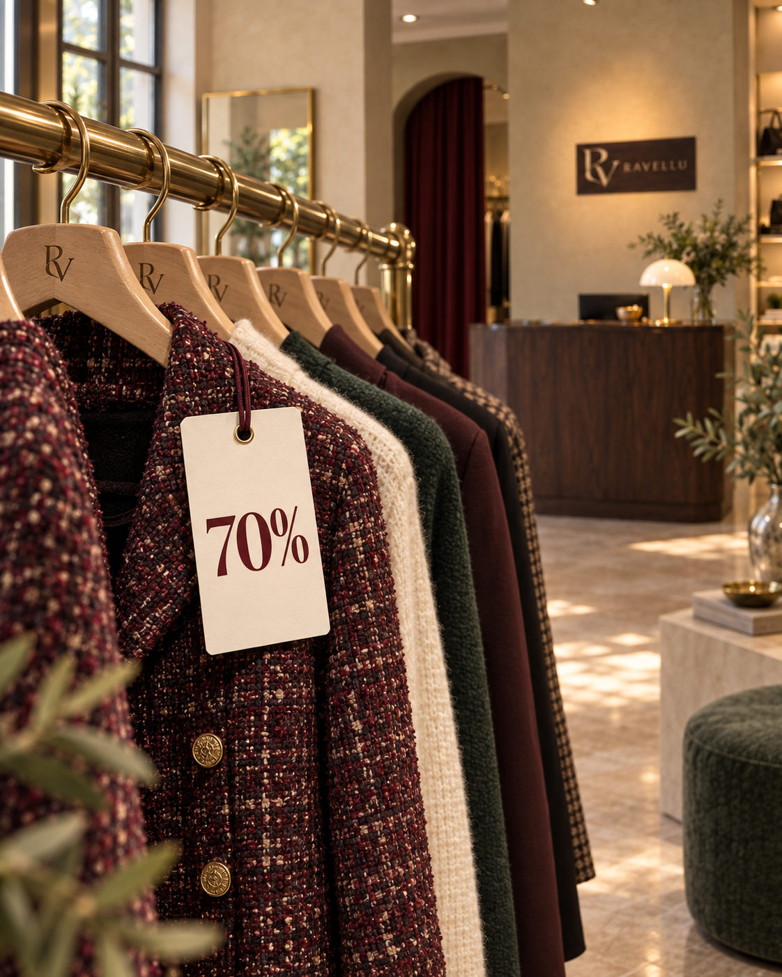 Ravellu boutique rail with a 70% outlet tag