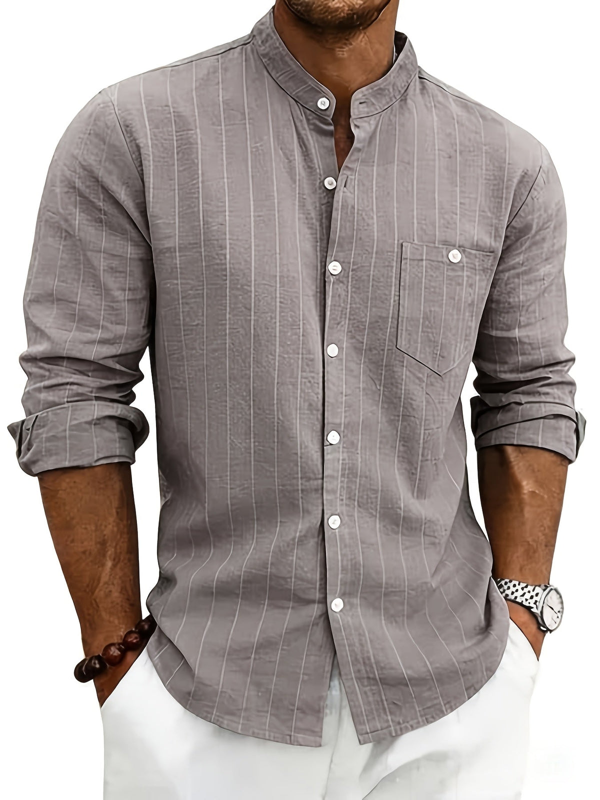 Men's Striped Button-Up Shirt Stand Collar Long Sleeve 2
