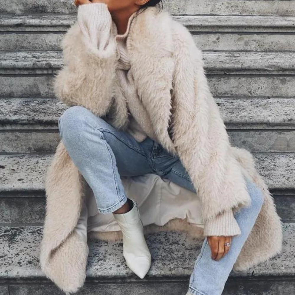 Women's Long Teddy Coat Open Front Relaxed Fit 4