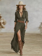 Crissanta | Long Belted Dress With Pleated Lapels 3