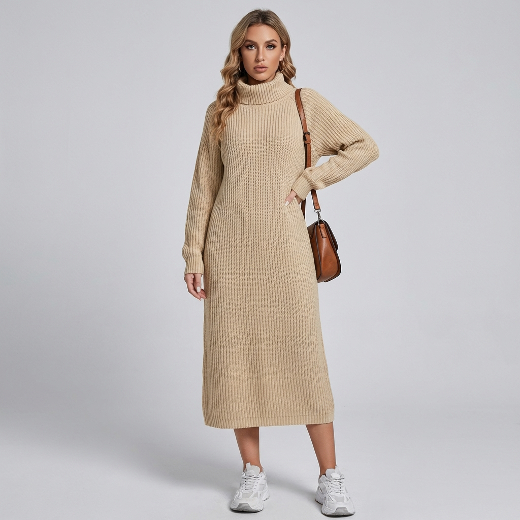 Women's Ribbed Turtleneck Midi Sweater Dress 6