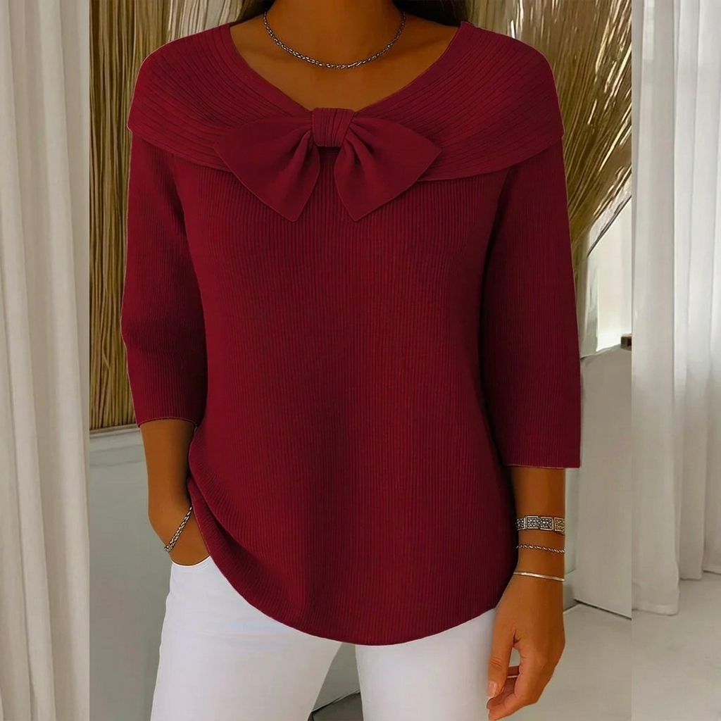 Women's Ribbed Sweater with Bow Detail Three-Quarter Sleeve 4