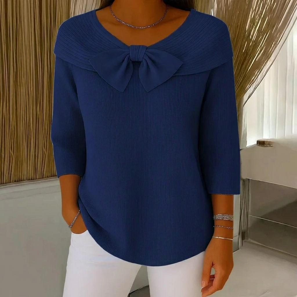 Women's Ribbed Sweater with Bow Detail Three-Quarter Sleeve 5