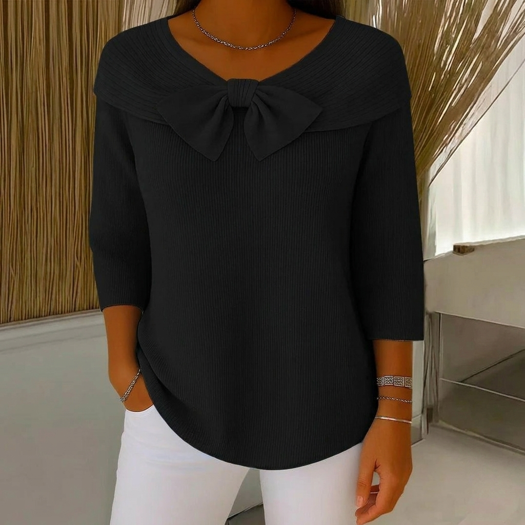 Women's Ribbed Sweater with Bow Detail Three-Quarter Sleeve 6
