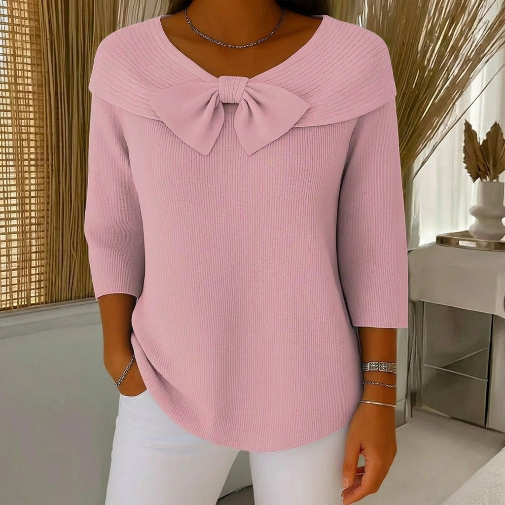 Women's Ribbed Sweater with Bow Detail Three-Quarter Sleeve 2