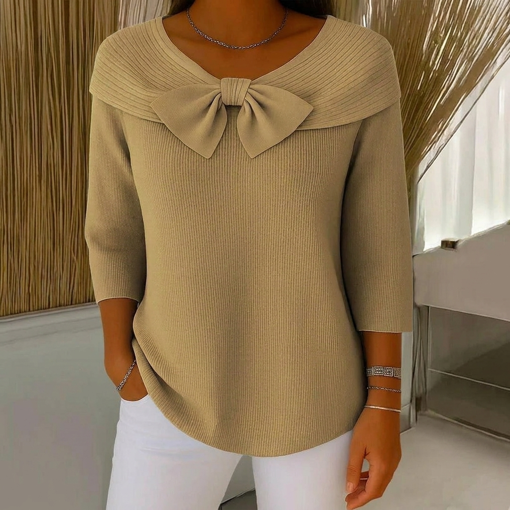 Women's Ribbed Sweater with Bow Detail Three-Quarter Sleeve 3