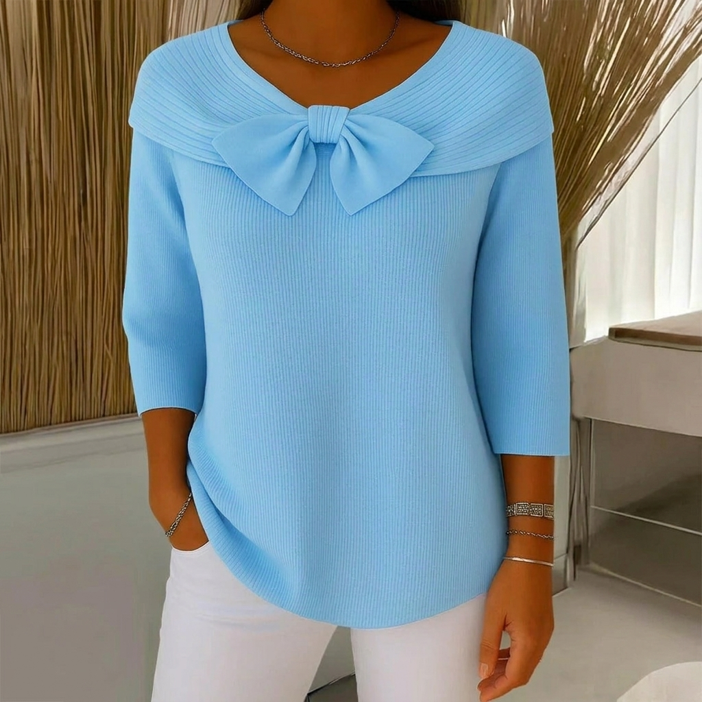 Women's Ribbed Sweater with Bow Detail Three-Quarter Sleeve 1