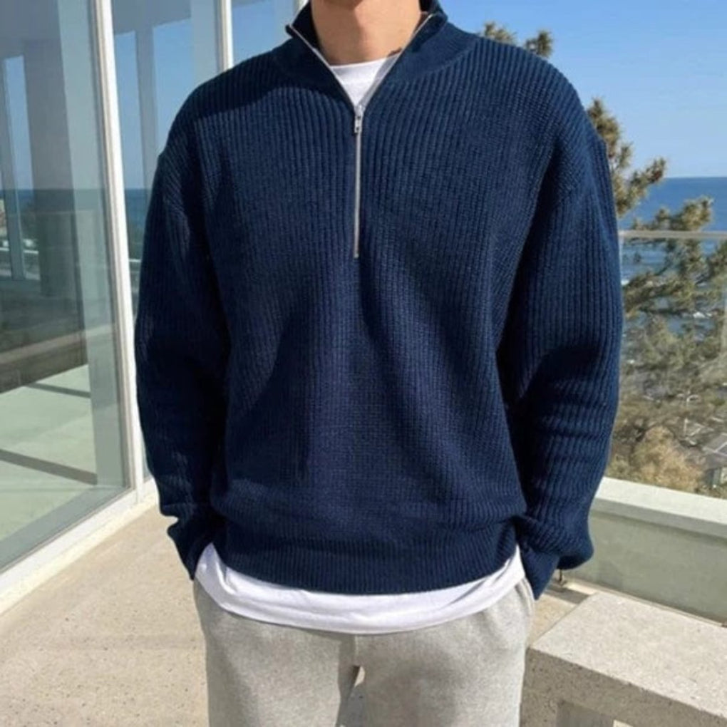 Men's Ribbed Half-Zip Pullover Sweater with Stand Collar 1