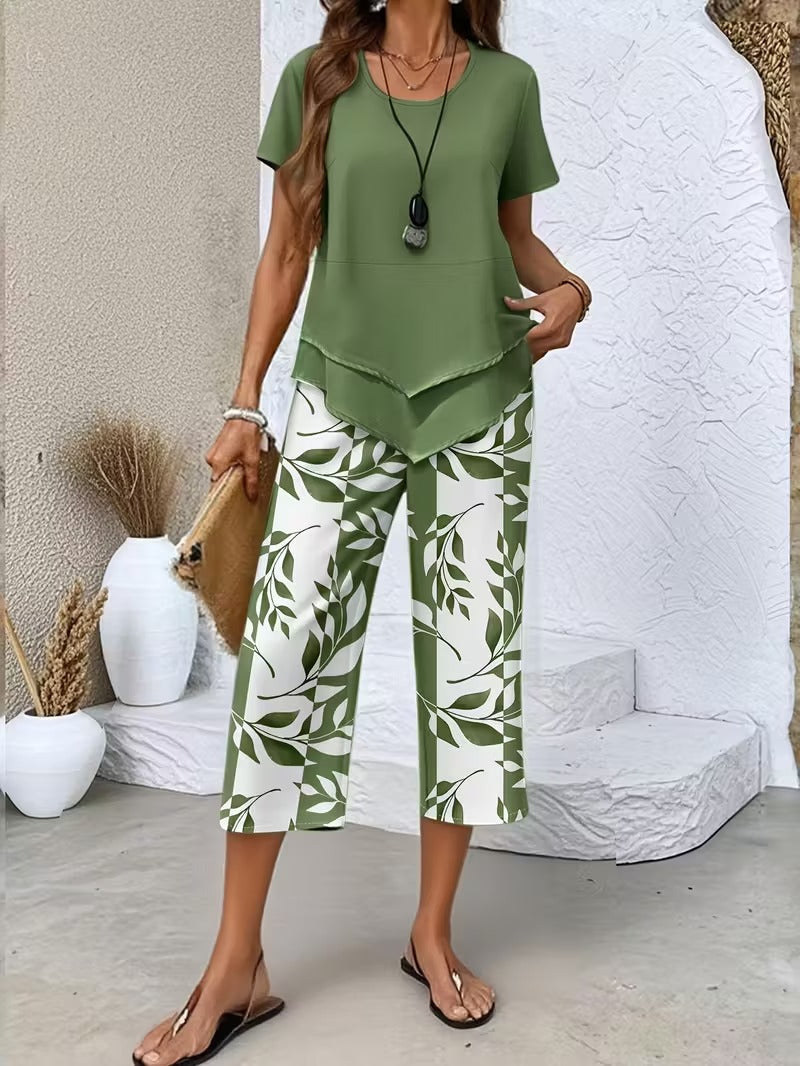 Yvette | Casual Leaf Print Two Piece Set 1
