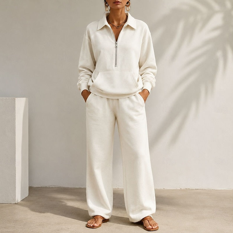 Women's Zip-Collar Two-Piece Set with Wide-Leg Trousers 1