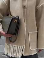 Women's Wrap Coat with Scarf Detail and Fringe Trim 10