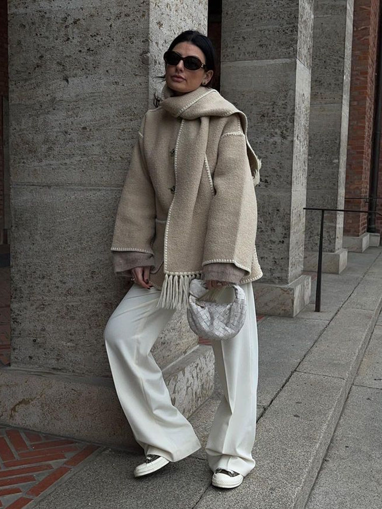 Women's Wrap Coat with Scarf Detail and Fringe Trim 11