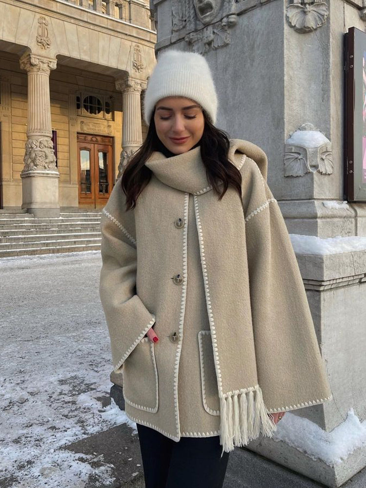 Women's Wrap Coat with Scarf Detail and Fringe Trim 13